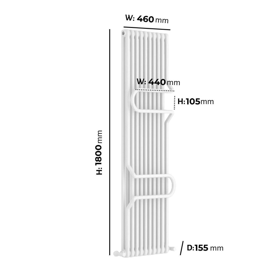 Vertical White Column Radiator with Towel Bars 1800 x 460mm - Nevis