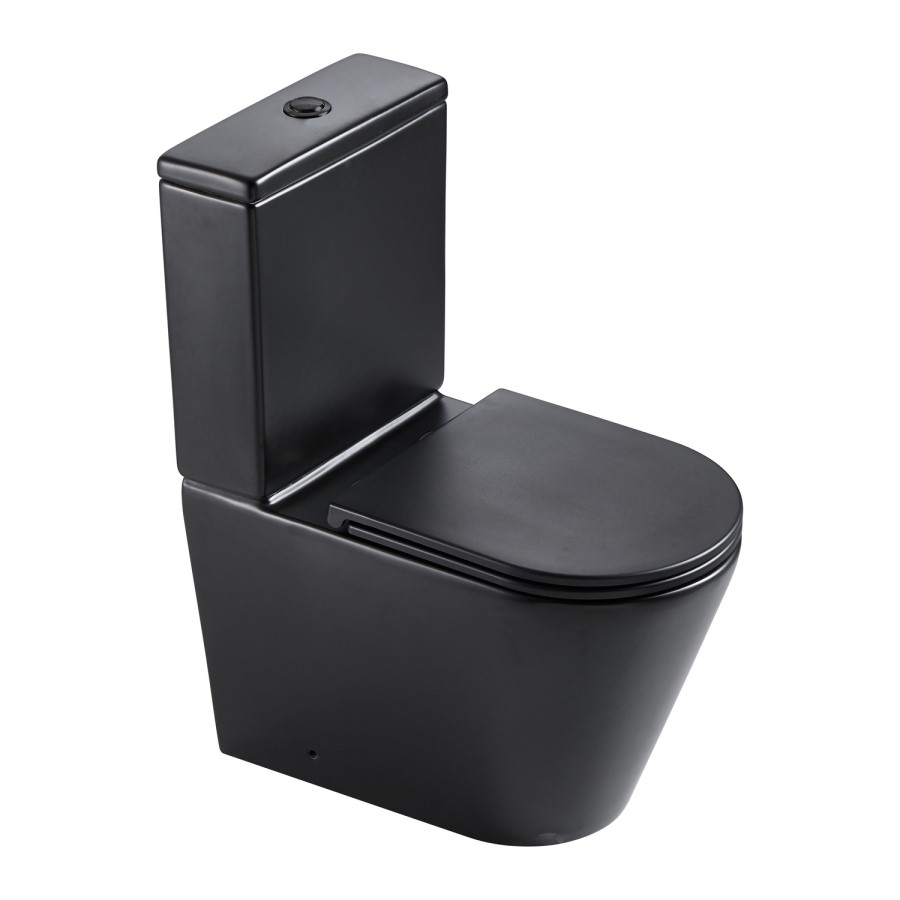ONLY OPENED - Matt Black Close Coupled Rimless Closed Back Toilet with Soft Close Seat - Newport