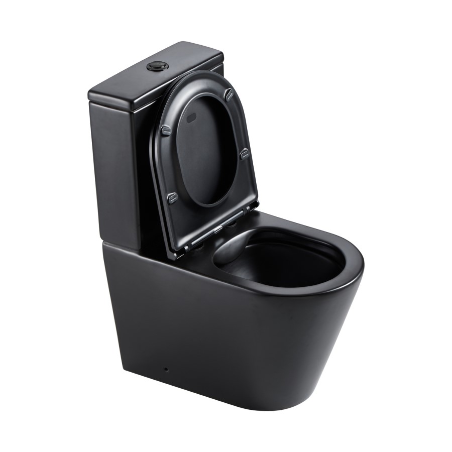 ONLY OPENED - Matt Black Close Coupled Rimless Closed Back Toilet with Soft Close Seat - Newport
