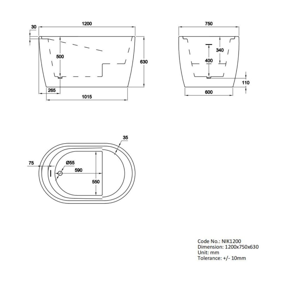 Freestanding Japanese Soaking Deep Bath With Seat 1200 x 630mm - Niki