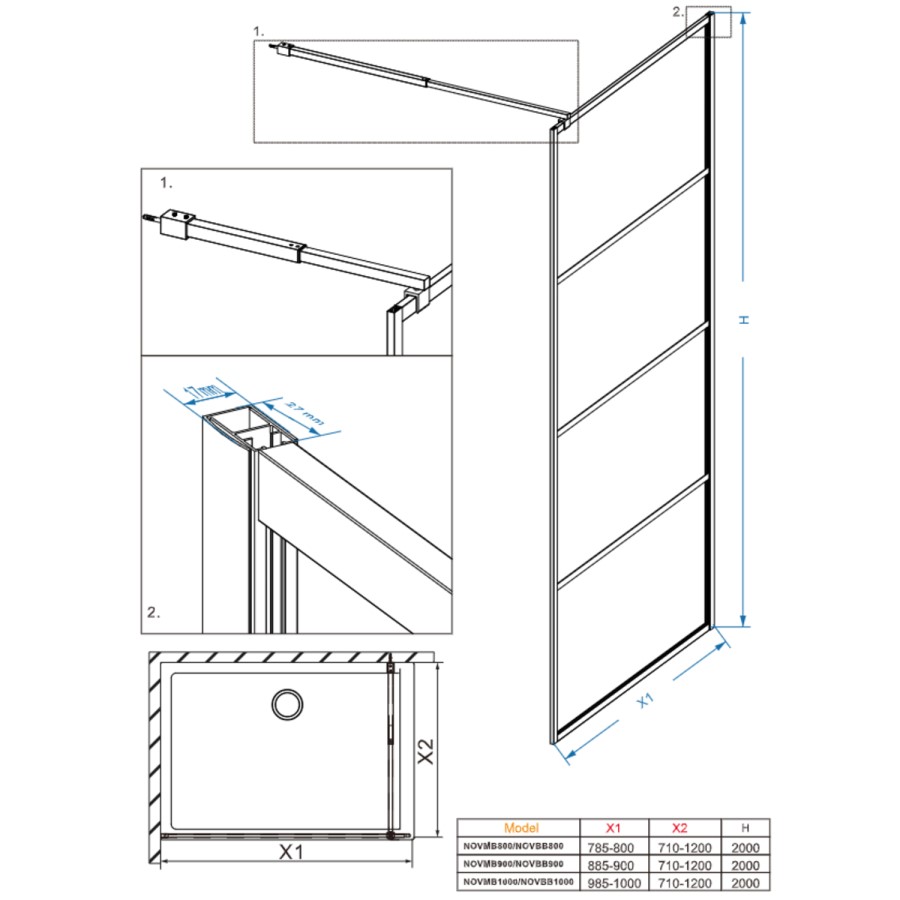 900mm Black Grid Shower Screen for Wet Room & Walk In Shower - Nova