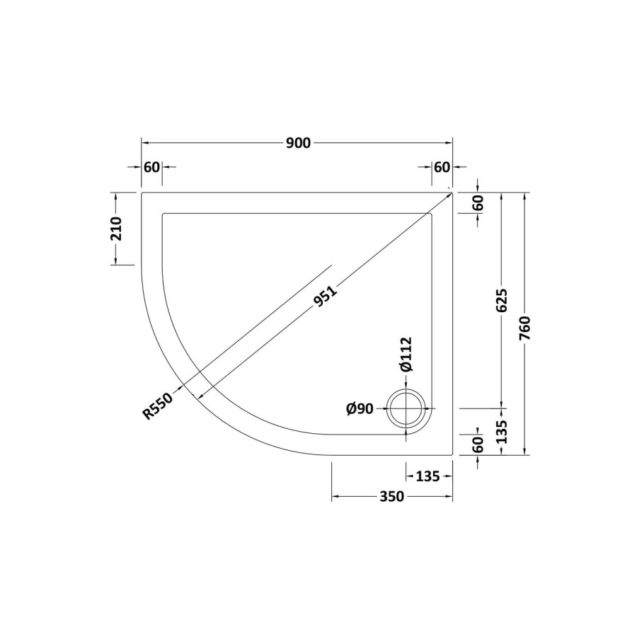 900x760mm  Low Profile Left Hand Offset Quadrant Shower Tray - Purity