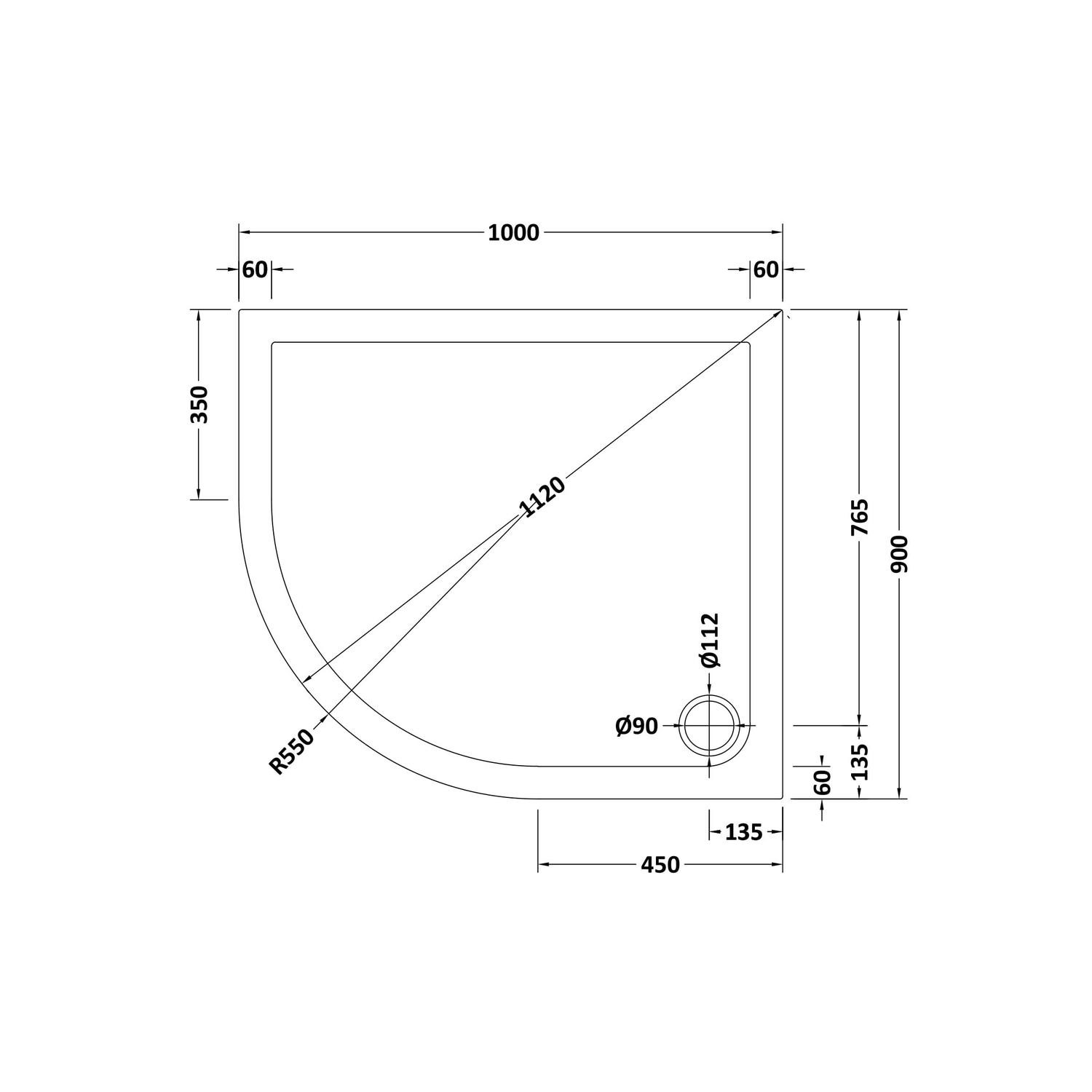 GRADE A1 Low Profile Left Hand Offset Quadrant Shower Tray 1000 x