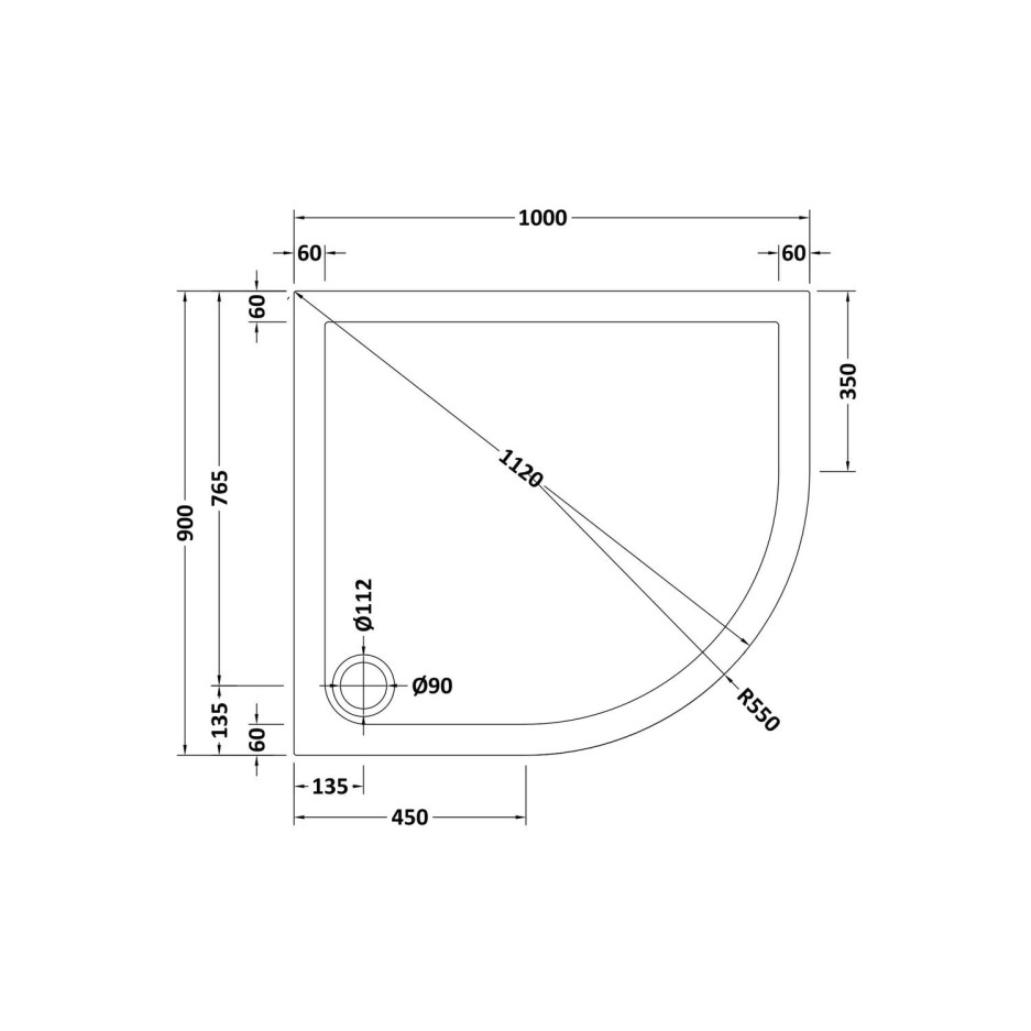 Offset Quadrant Right Hand Low Profile Shower Tray 1000 x 900mm