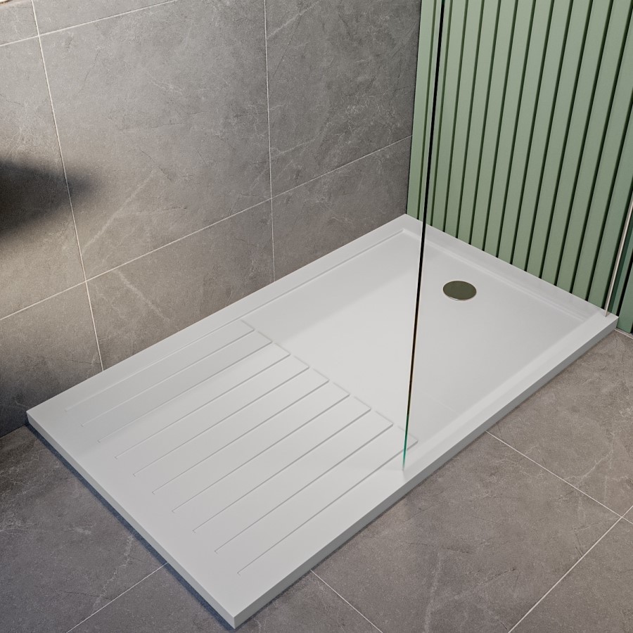 1600x800mm Walk-In Rectangular Shower Tray 40mm with Drying Area - White Stone Resin - Purity