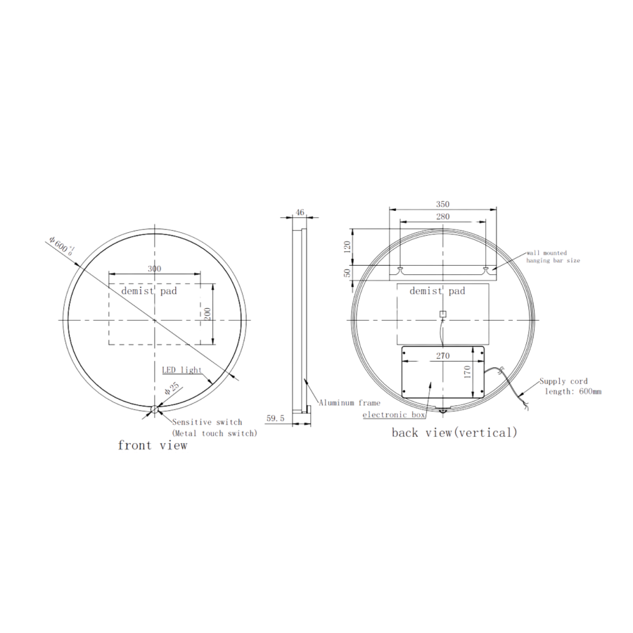 Round Brass Heated Bathroom Mirror with Lights 600mm - Nyx