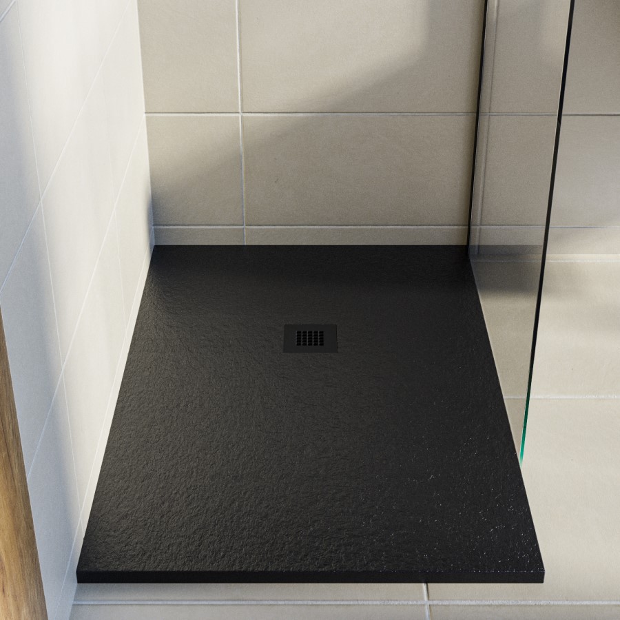 1000x900mm Rectangular Shower Tray with Grate - Black Stone Resin Slate Effect - Sileti