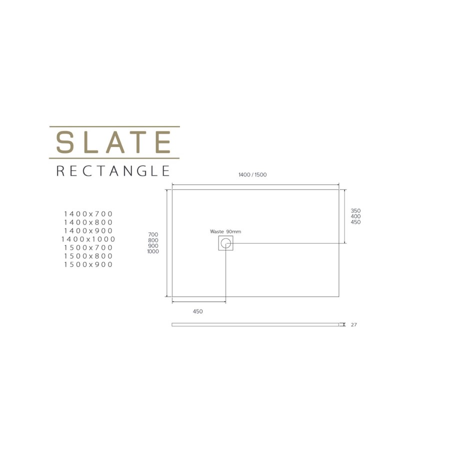 1400x900mm Rectangular Black Slate-Effect Shower Tray 27mm - Stone Resin - Sileti