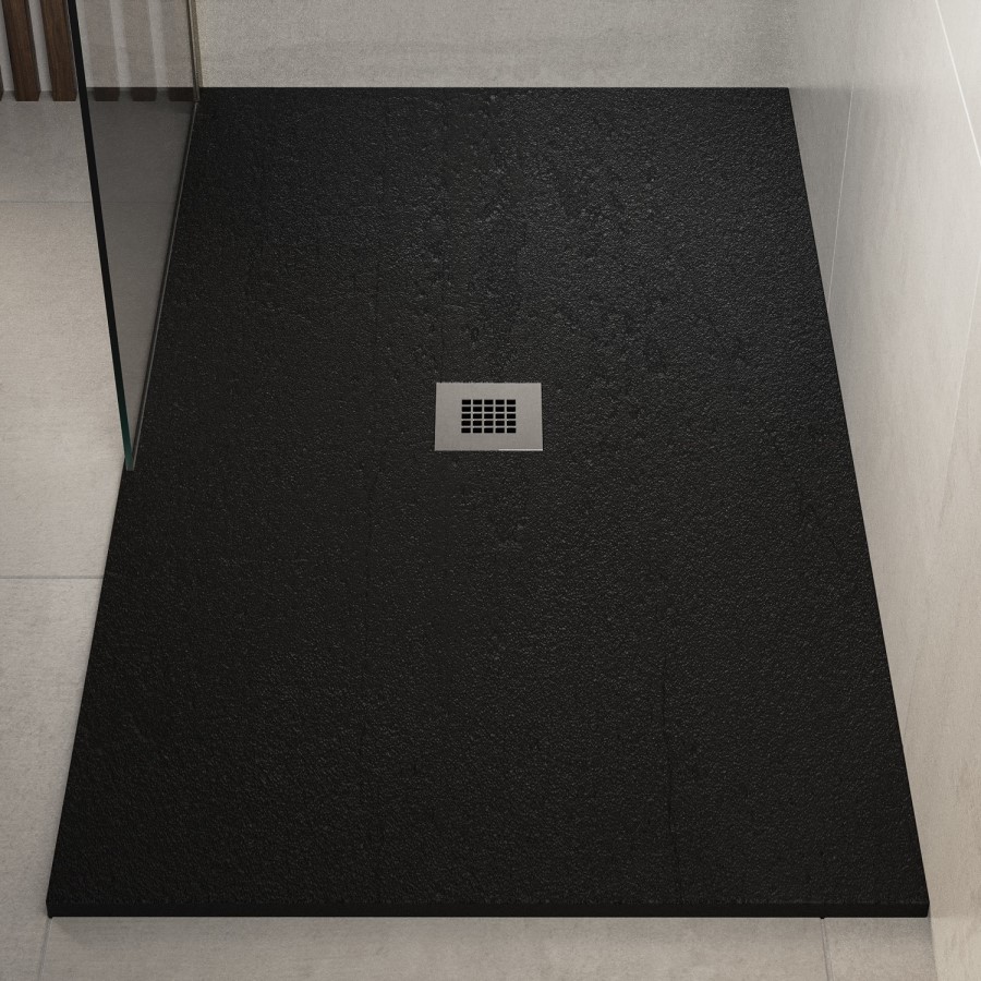 1200x800mm Rectangular Shower Tray with Grate - Black Stone Resin Slate Effect - Sileti