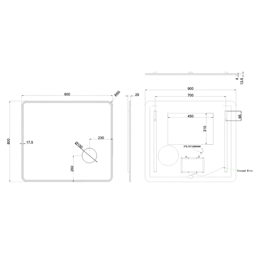 Rectangular Heated Bathroom Mirror with Lights & Magnifier 900 x 800mm – Odin