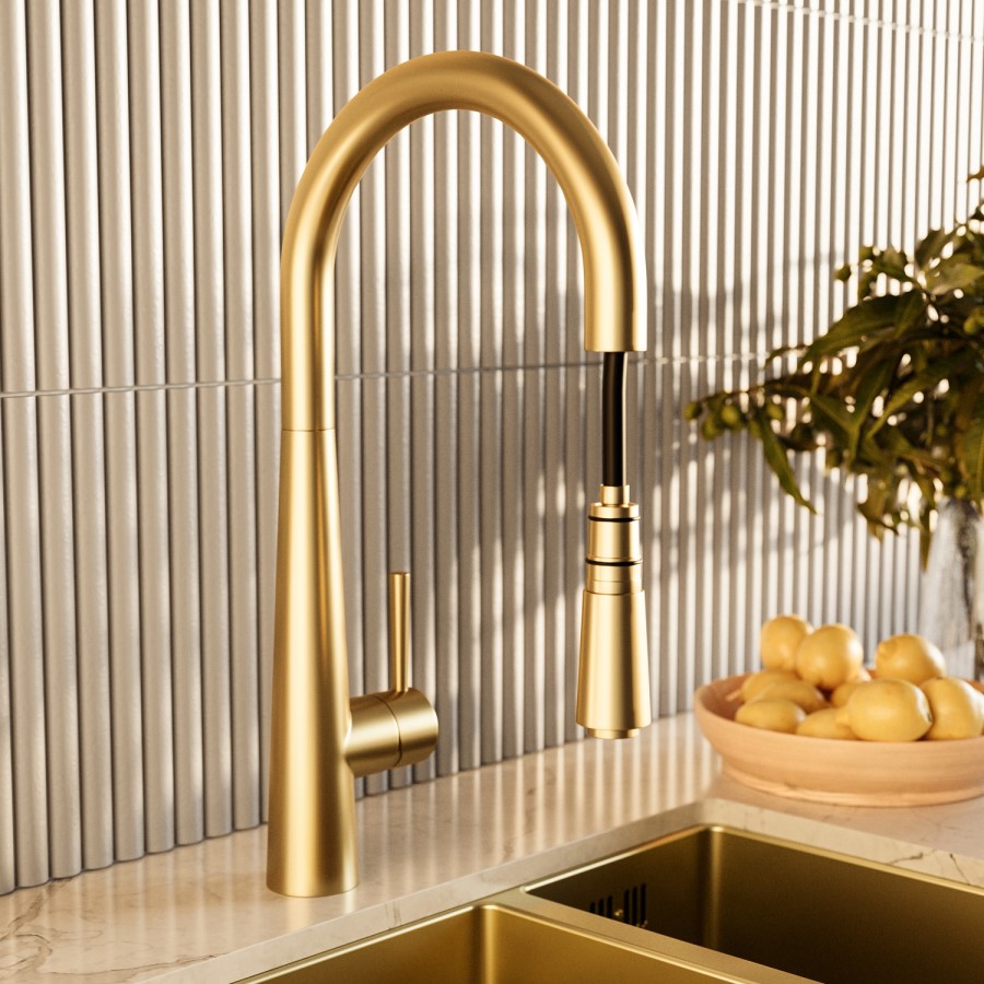 ONLY OPENED - Brushed Brass Single Lever Pull Out Monobloc Kitchen Mixer Tap - Enza Olney