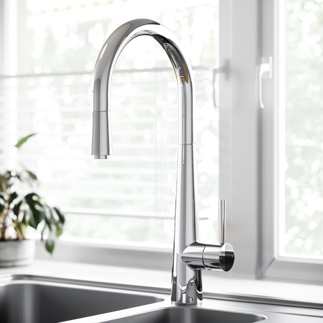 Chrome Single Lever Pull Out Kitchen Mixer Tap - Enza Olney