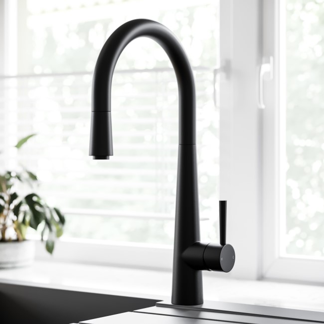 Black Single Lever Pull Out Kitchen Mixer Tap - Enza Olney