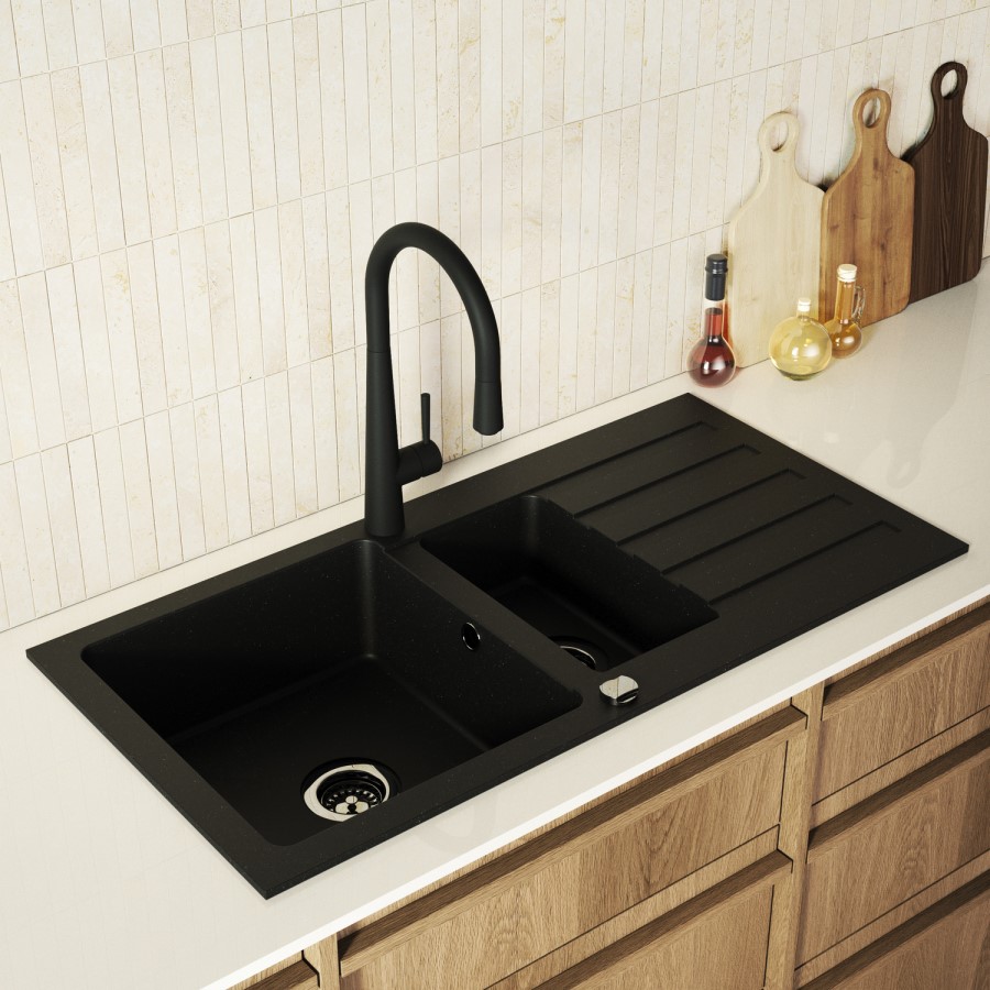 Matt Black Single Lever Pull Out Monobloc Kitchen Mixer Tap - Enza Olney