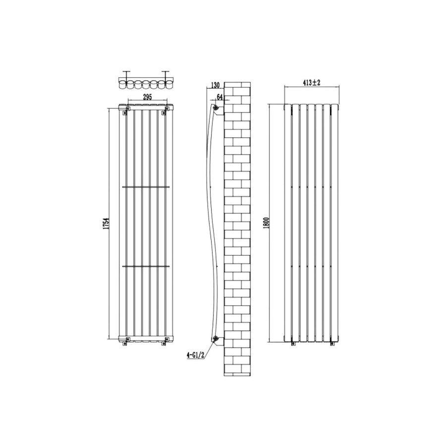 Black Vertical Wave Designer Single Panel Radiator 1800 x 400mm - Opala