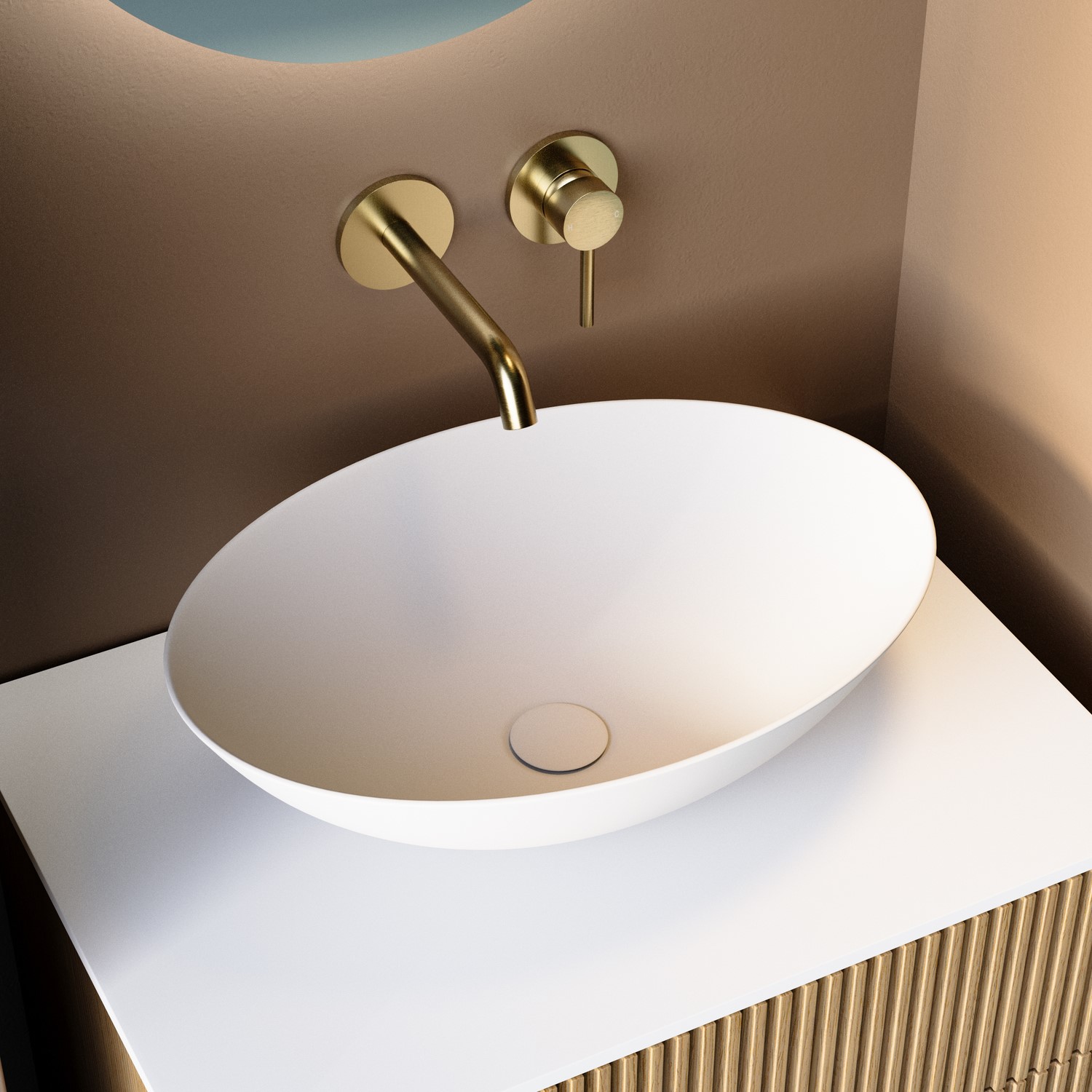 Opal White Matt Oval Stone Resin Countertop Basin With Waste 500Mm