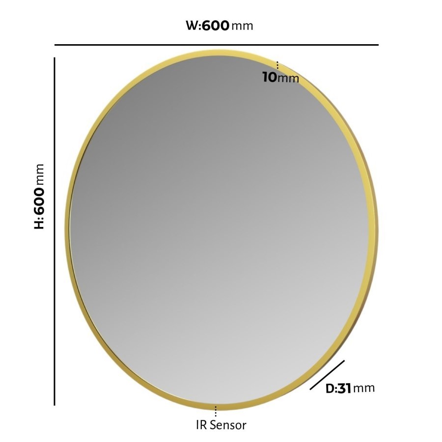 Round Brass Backlit Heated Bathroom Mirror with Lights 600mm – Orion