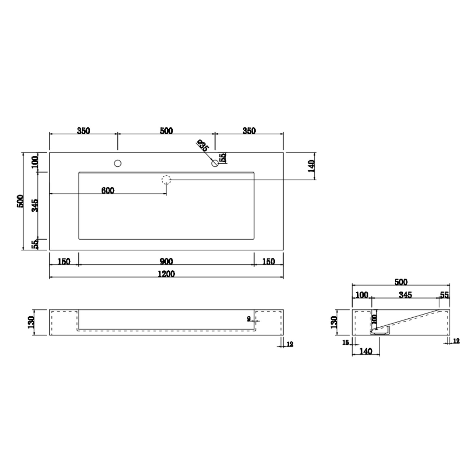 White Rectangular Wall Hung Basin with Hidden Waste 1200mm - Oslo ...