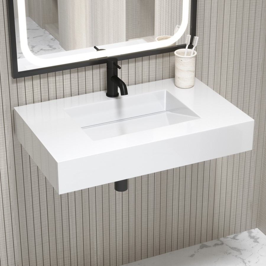 ONLY OPENED - 800mm Wall Hung Resin Basin with Built in Drain Gloss White- Oslo