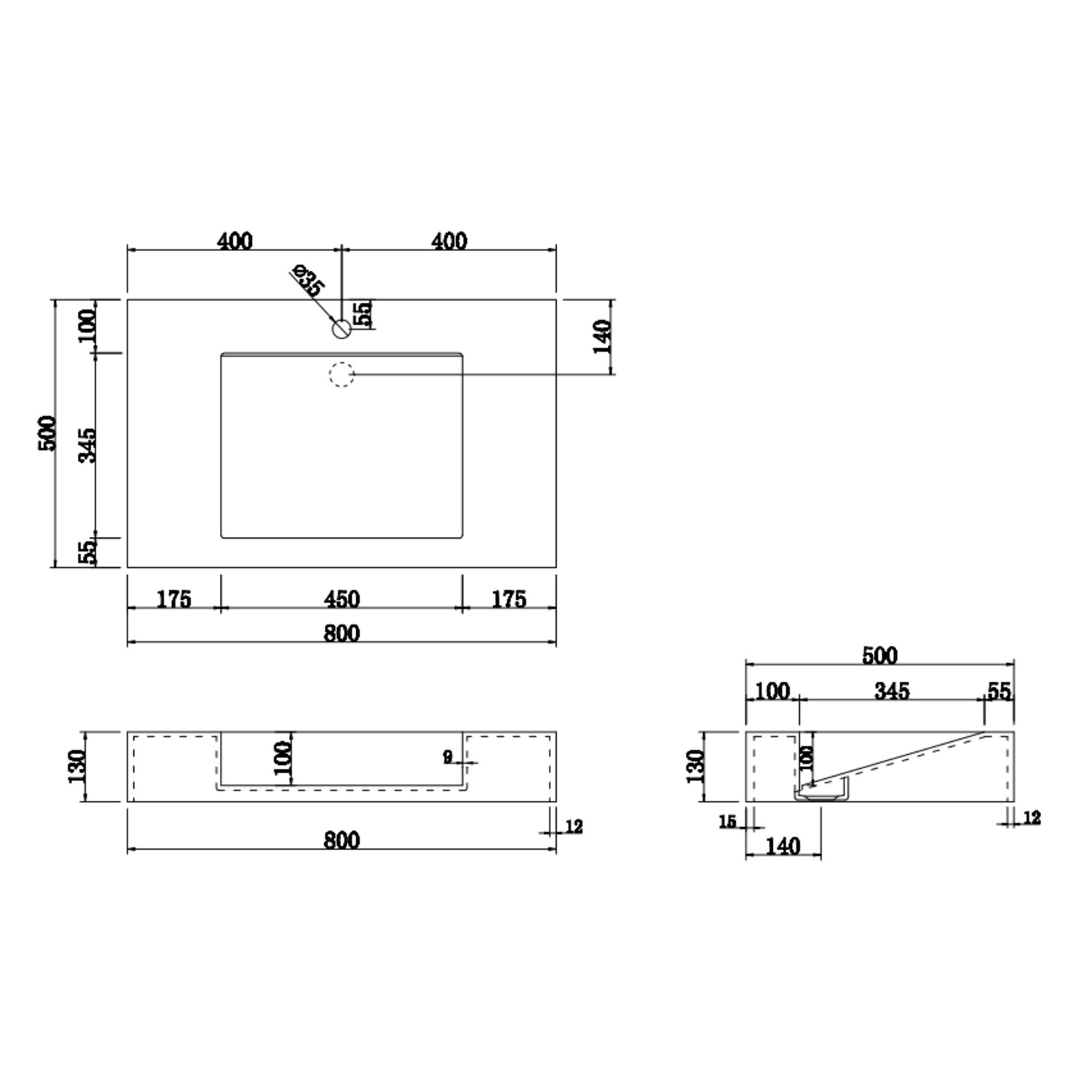 White Rectangular Wall Hung Basin with Hidden Waste 800mm - Oslo ...