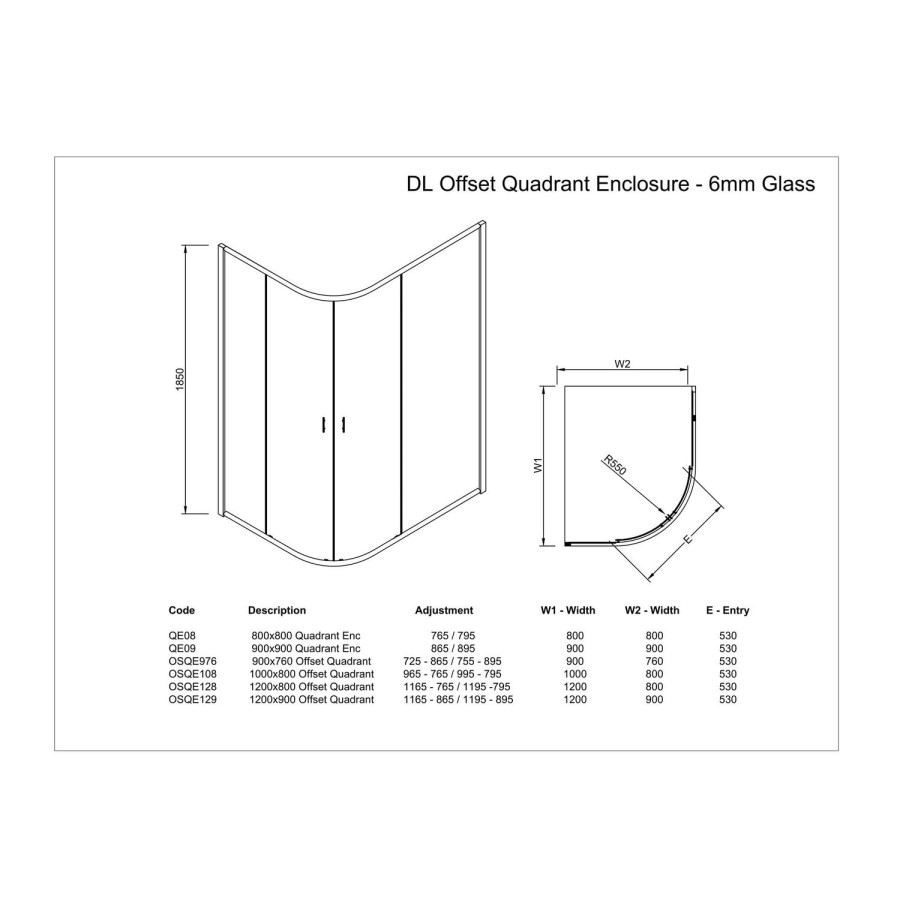 Claritas 6mm Offset Quadrant Shower Screen Enclosure - 1200 x 900mm