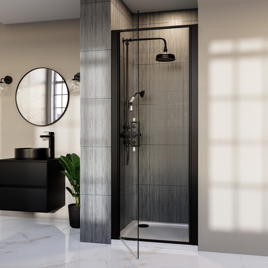 ONLY OPENED - Black 800mm Hinged Shower Door - Pavo