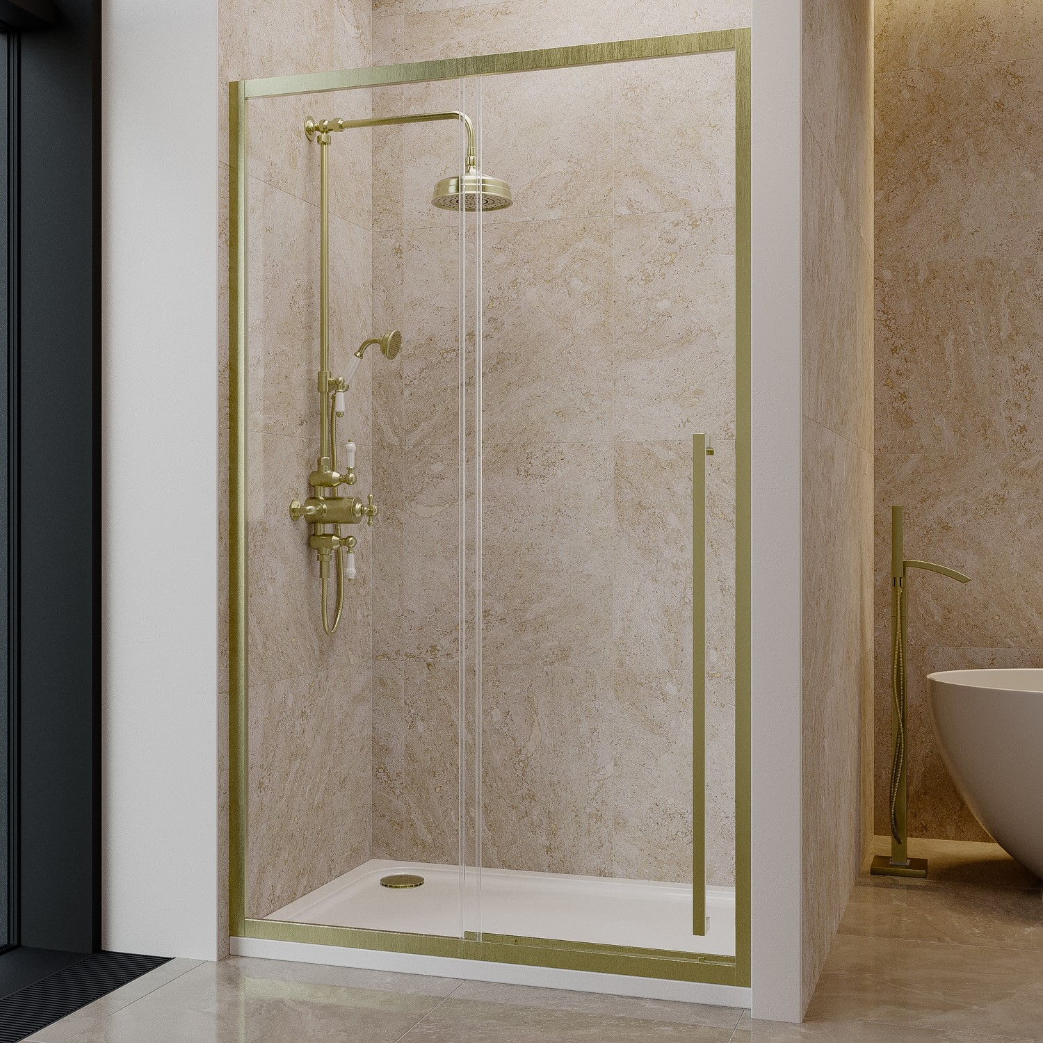 Pavo Brass 1000Mm Brushed Sliding Door Shower Enclosure 8Mm Glass With Extended Handle