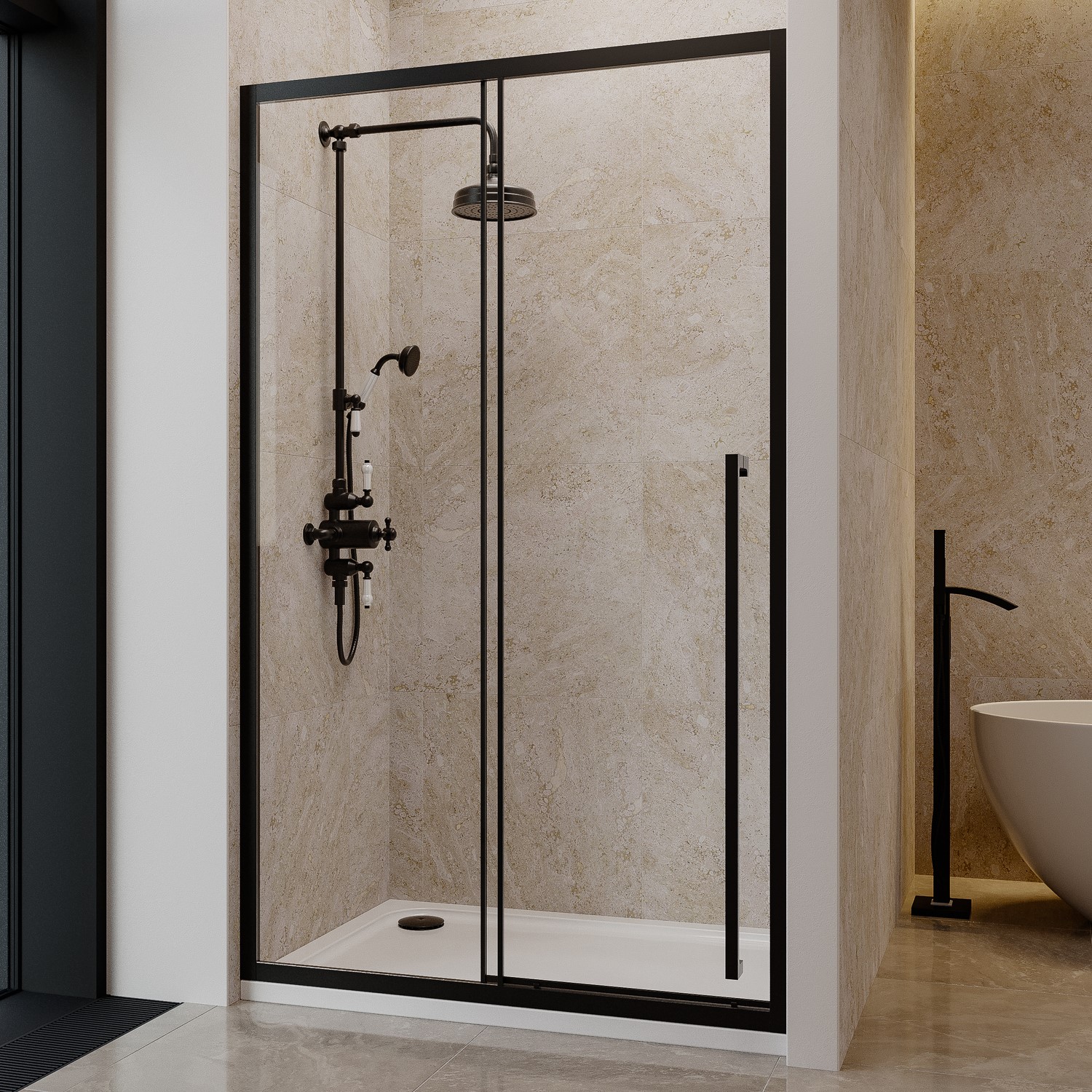 Pavo Black 1200Mm Sliding Door Shower Enclosure 8Mm Glass With Extended Handle