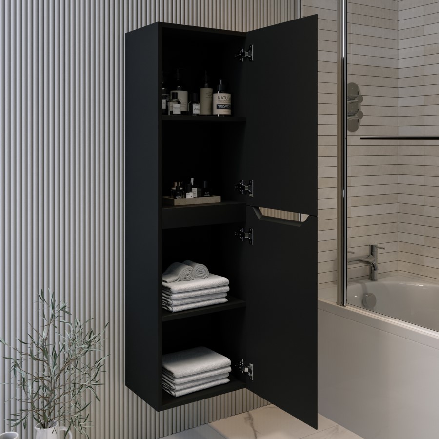 Black Double Door Wall Mounted Tall Bathroom Cabinet 400x1400mm Storage Unit - Pendle