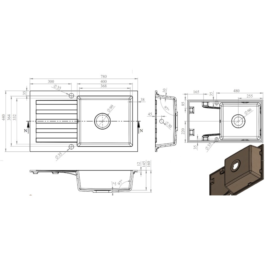 Single Bowl Beige Composite Inset Kitchen Sink with Reversible Drainer - Enza Phoebe