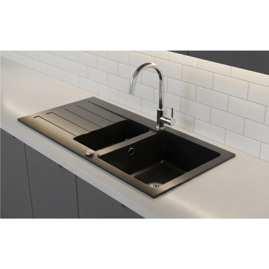 1.5 Bowl Black Inset Granite Composite Kitchen Sink with Reversible Drainer - Enza Phoebe