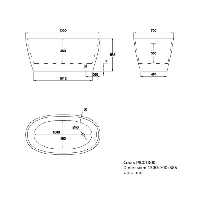 Small Freestanding Double Ended Bath 1300 x 700mm - Pico
