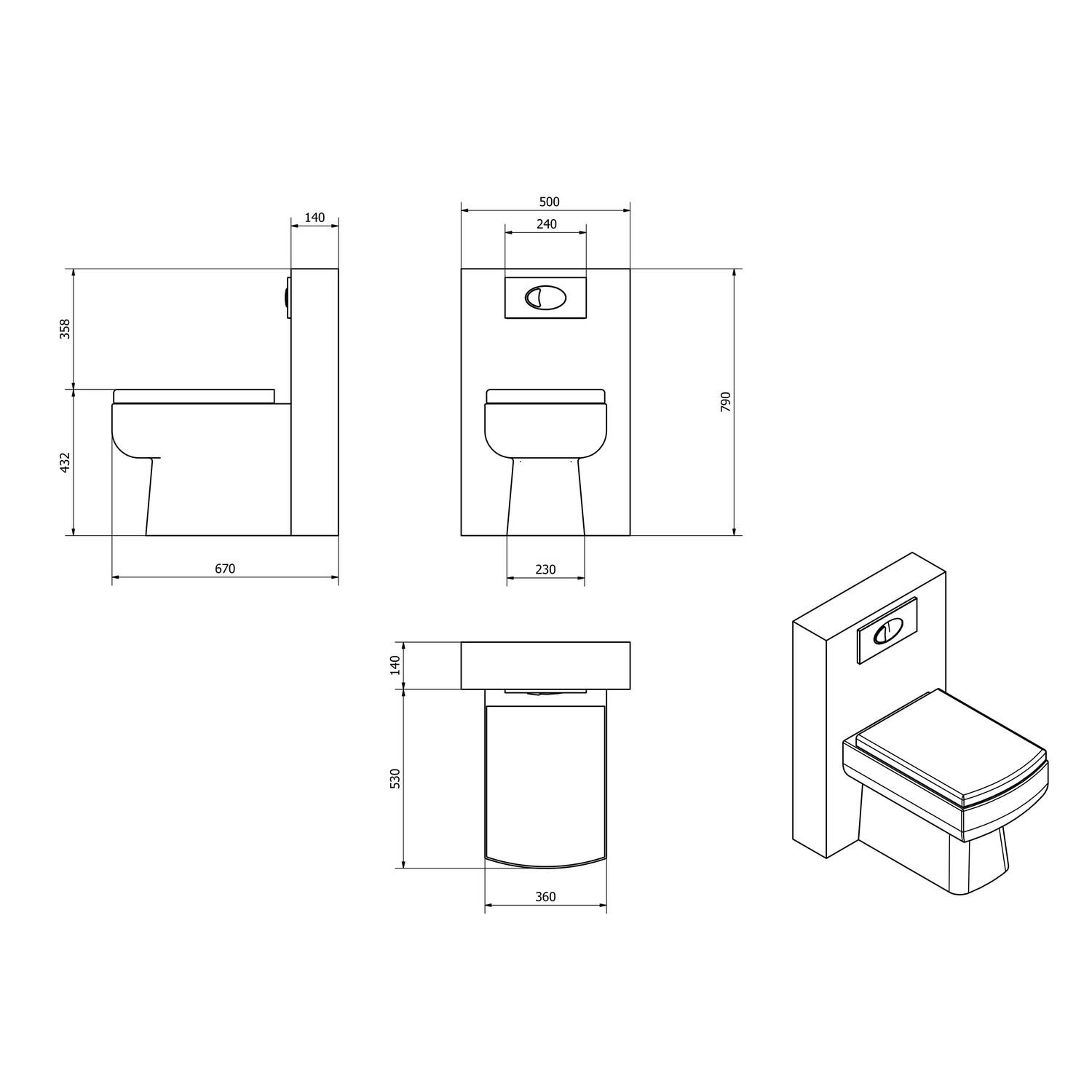 Back to Wall WC Toilet Unit & Square Toilet - W500 x H790mm - Better ...