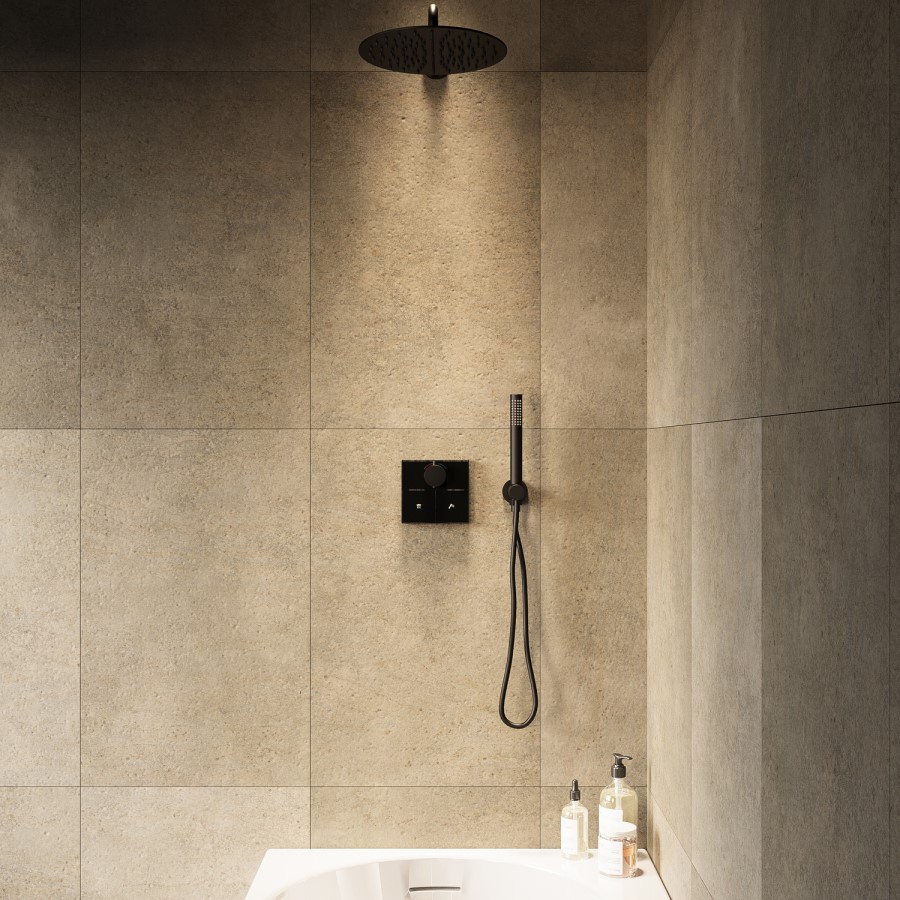 Matt Black Push Button 2 Outlet Concealed Mixer Shower Valve With Glass Front - Priya