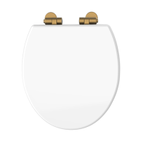 White Round Wooden Soft Close Toilet Seat with Quick Release and Brushed Brass Hinges - Park Royal