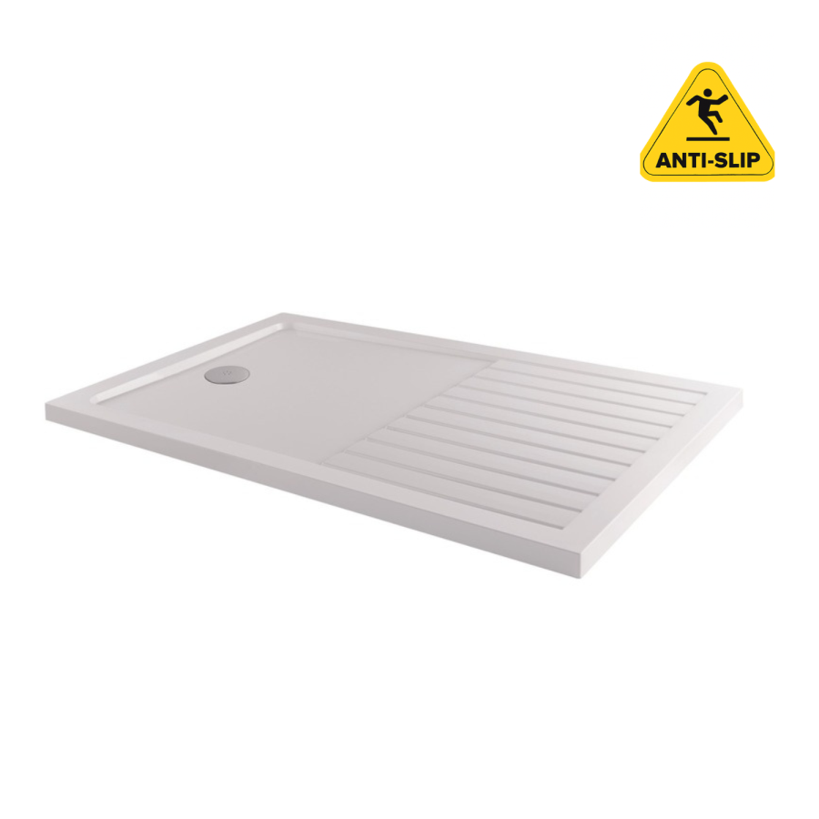 1300x800mm Non Slip Walk-In Rectangular Shower Tray 40mm with Drying Area - White Stone Resin - Purity