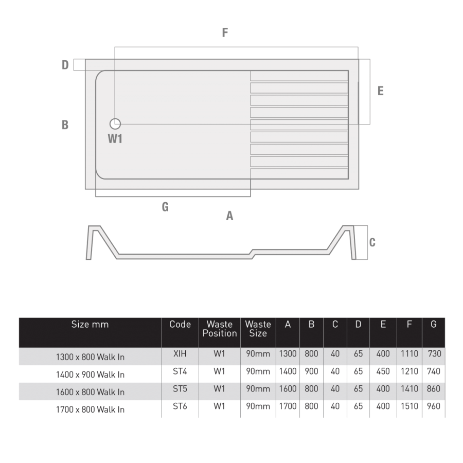 1700x800mm Anti-Slip Walk-In Rectangular Shower Tray 40mm with Drying Area - White Stone Resin - Purity