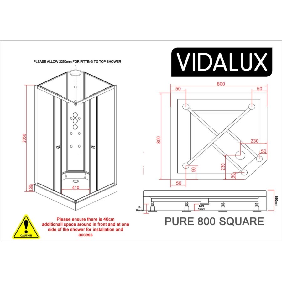 800x800mm Square Electric Hydro Shower Cabin with White Glass 8.5kw Electric Shower and Shower Tray - Vidalux