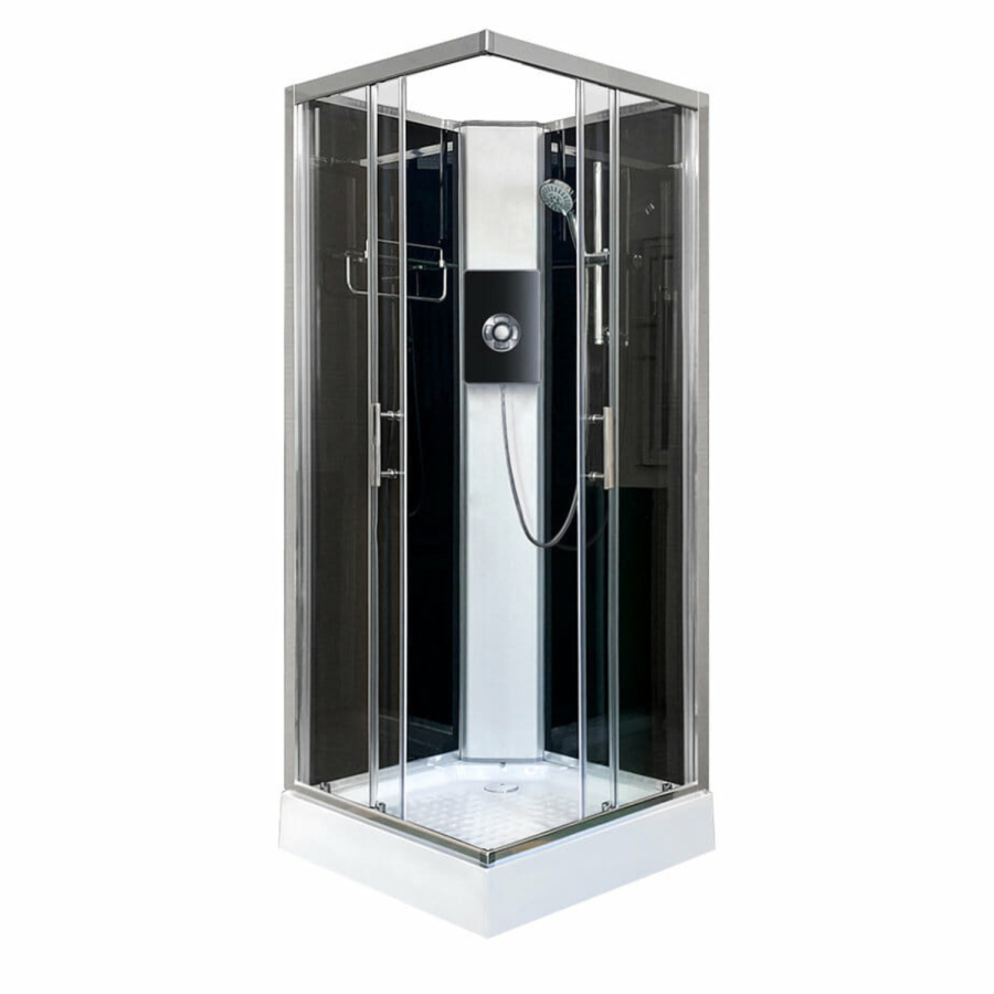 800x800mm Square Electric Hydro Shower Cabin with Black Glass 8.5kw Electric Shower and Shower Tray - Vidalux