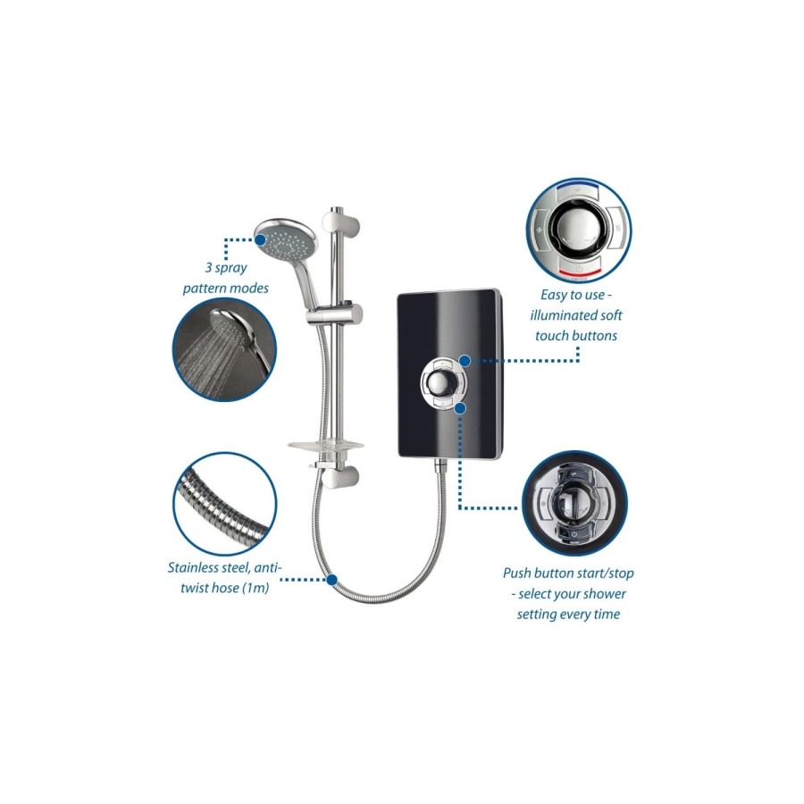 800x800mm Square Electric Hydro Shower Cabin with Black Glass 8.5kw Electric Shower and Shower Tray - Vidalux