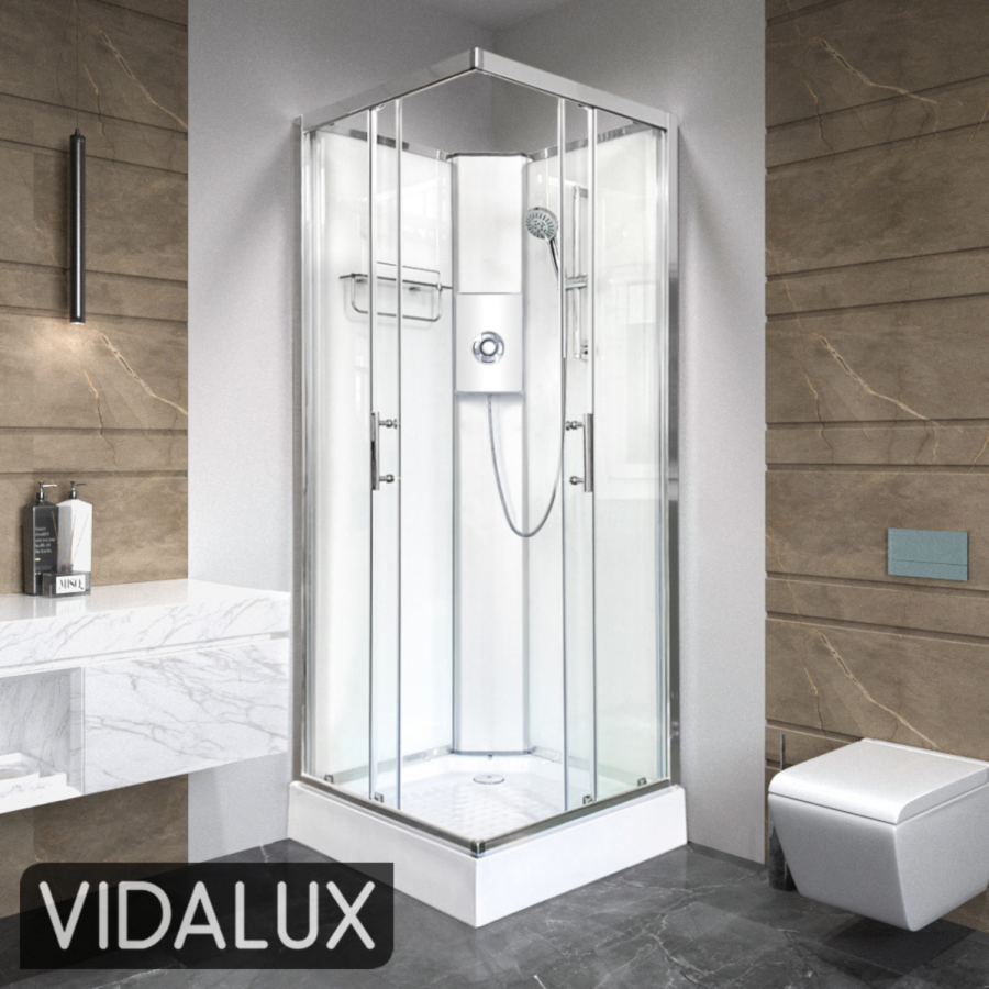 900x900mm Square Electric Hydro Shower Cabin with White Glass. 9.5kw Electric Shower and Shower Tray - Vidalux
