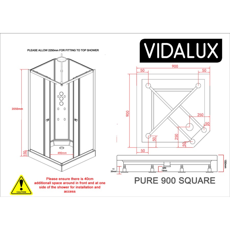 900x900mm Square Electric Hydro Shower Cabin with White Glass. 9.5kw Electric Shower and Shower Tray - Vidalux