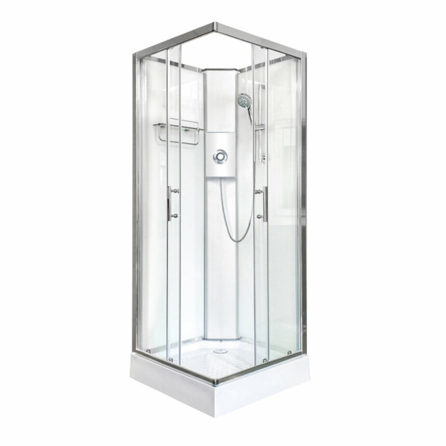 900x900mm Square Electric Hydro Shower Cabin with White Glass. 9.5kw Electric Shower and Shower Tray - Vidalux