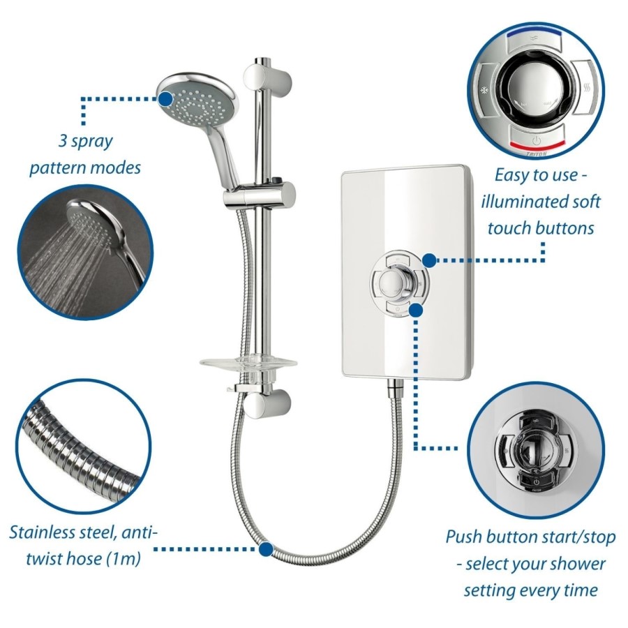 900x900mm Square Electric Hydro Shower Cabin with White Glass. 9.5kw Electric Shower and Shower Tray - Vidalux