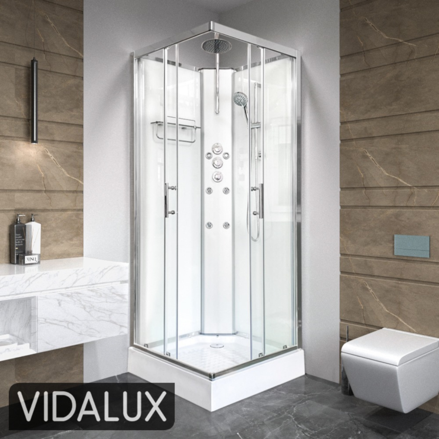 800x800mm Hydro Shower Cabin Square with White Panel - Shower Tray & 3 Outlet Thermostatic Mixer Shower System - Vidalux