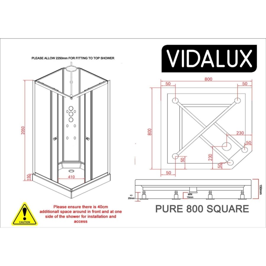 800x800mm Hydro Shower Cabin Square with White Panel - Shower Tray & 3 Outlet Thermostatic Mixer Shower System - Vidalux
