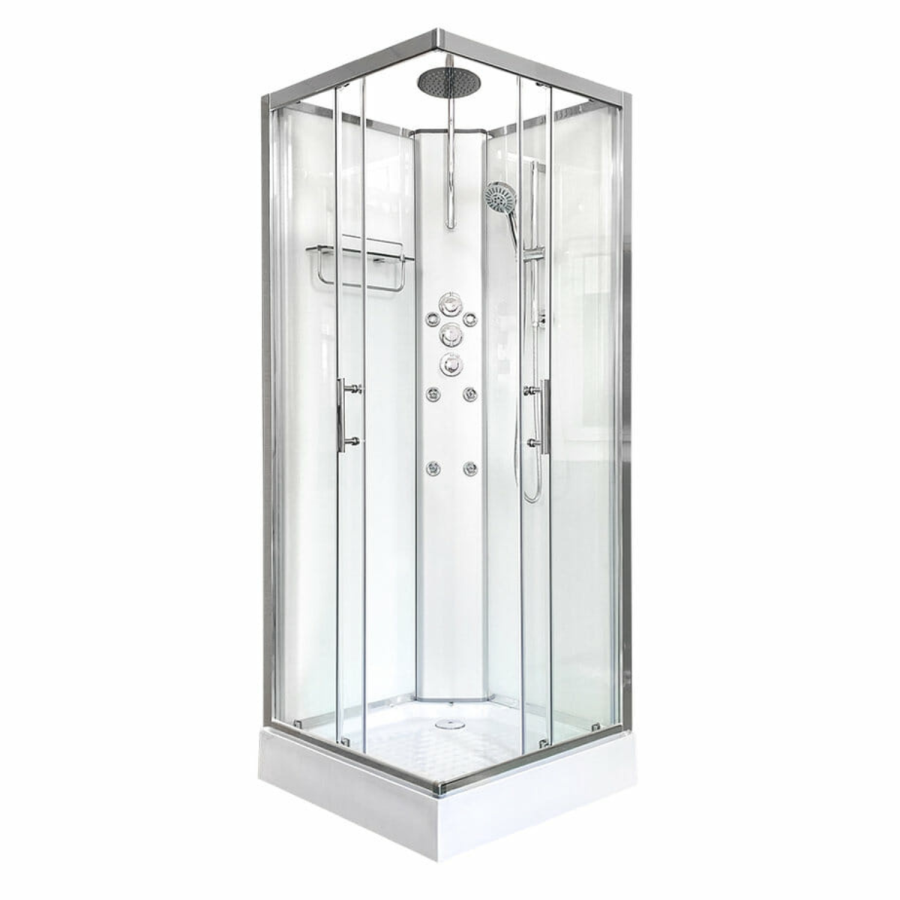 800x800mm Hydro Shower Cabin Square with White Panel - Shower Tray & 3 Outlet Thermostatic Mixer Shower System - Vidalux