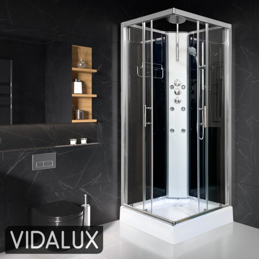 900x900mm Hydro Shower Cabin Square with Black Glass - Shower Tray & 3 Outlet Thermostatic Mixer Shower System - Vidalux