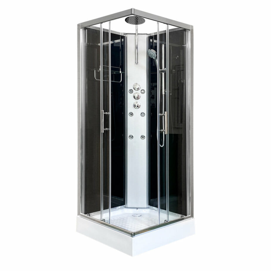 900x900mm Hydro Shower Cabin Square with Black Glass - Shower Tray & 3 Outlet Thermostatic Mixer Shower System - Vidalux