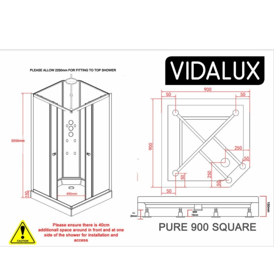 900x900mm Hydro Shower Cabin Square with White Panel - Shower Tray & 3 Outlet Thermostatic Mixer Shower System - Vidalux